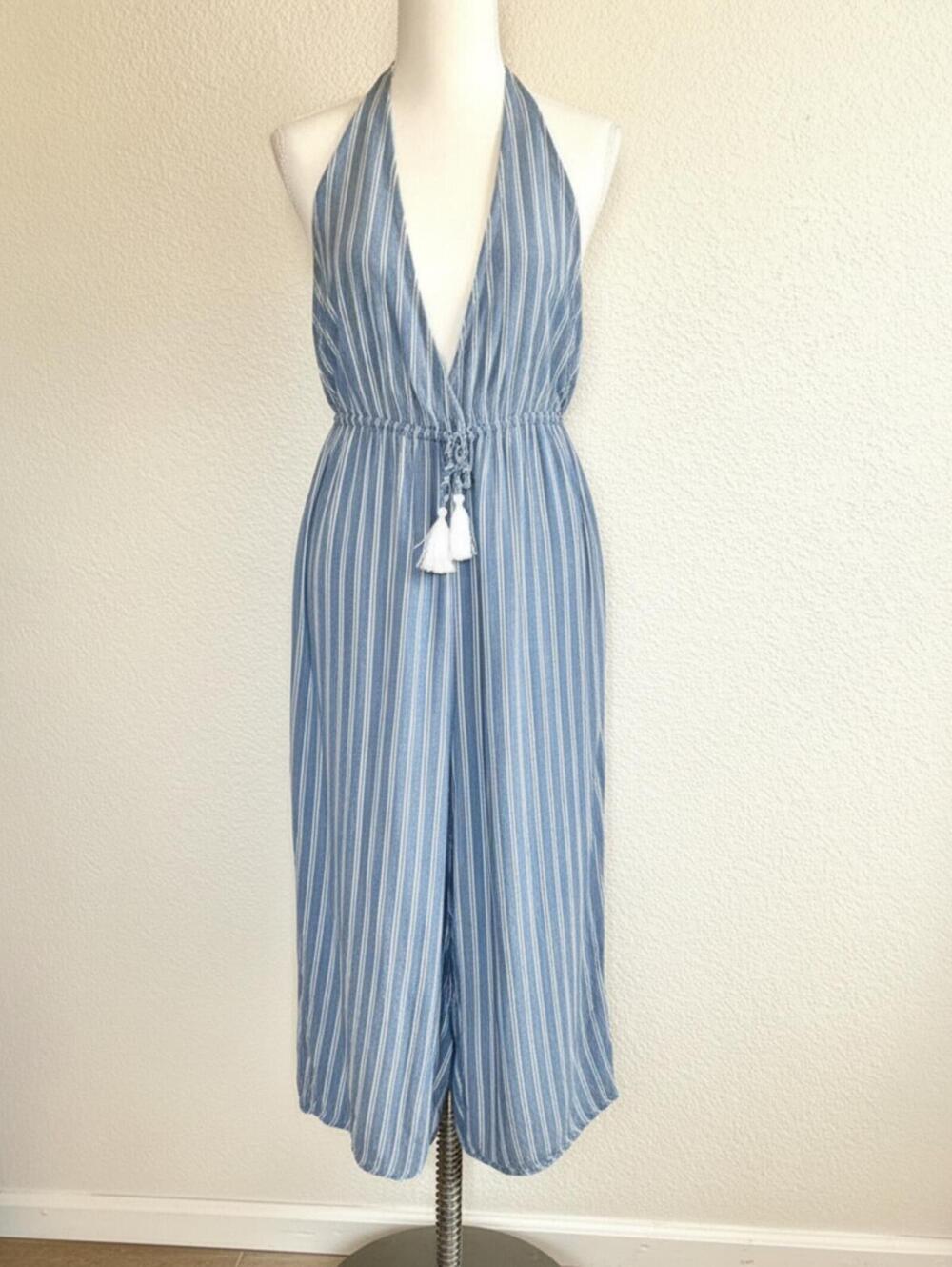 Halter backless blue striped romper jumpsuit
